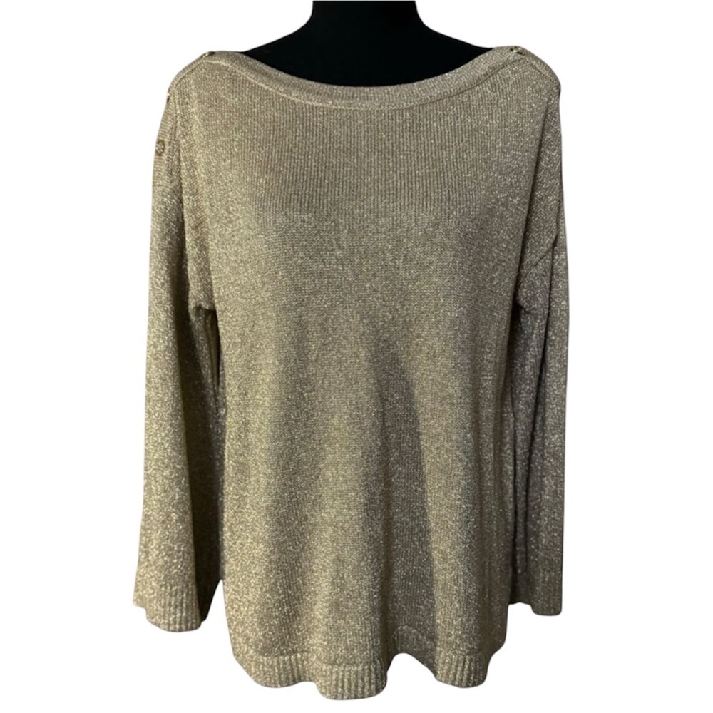 CALVIN KLEIN women’s gold glitter long sleeve sweater blouse with gold buttons